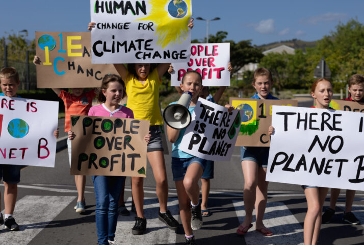 Group of elementary school pupils walking on a protest march